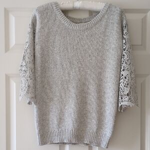 Sundance Sweater Lace Crochet Sleeves Crewneck Grey Soft